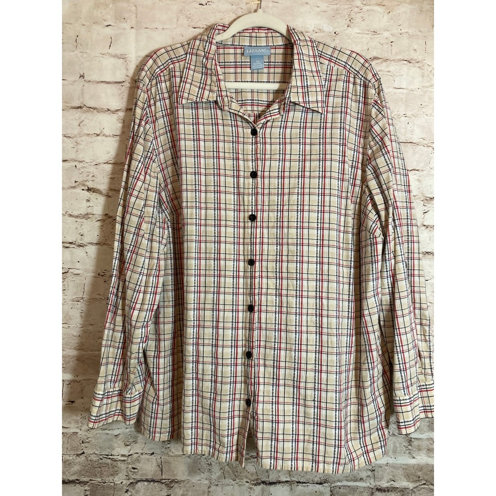 Liz & Me Button Down Top Womens 22/24W Beige & Red Plaid Roll Tab Sleeve Cotton